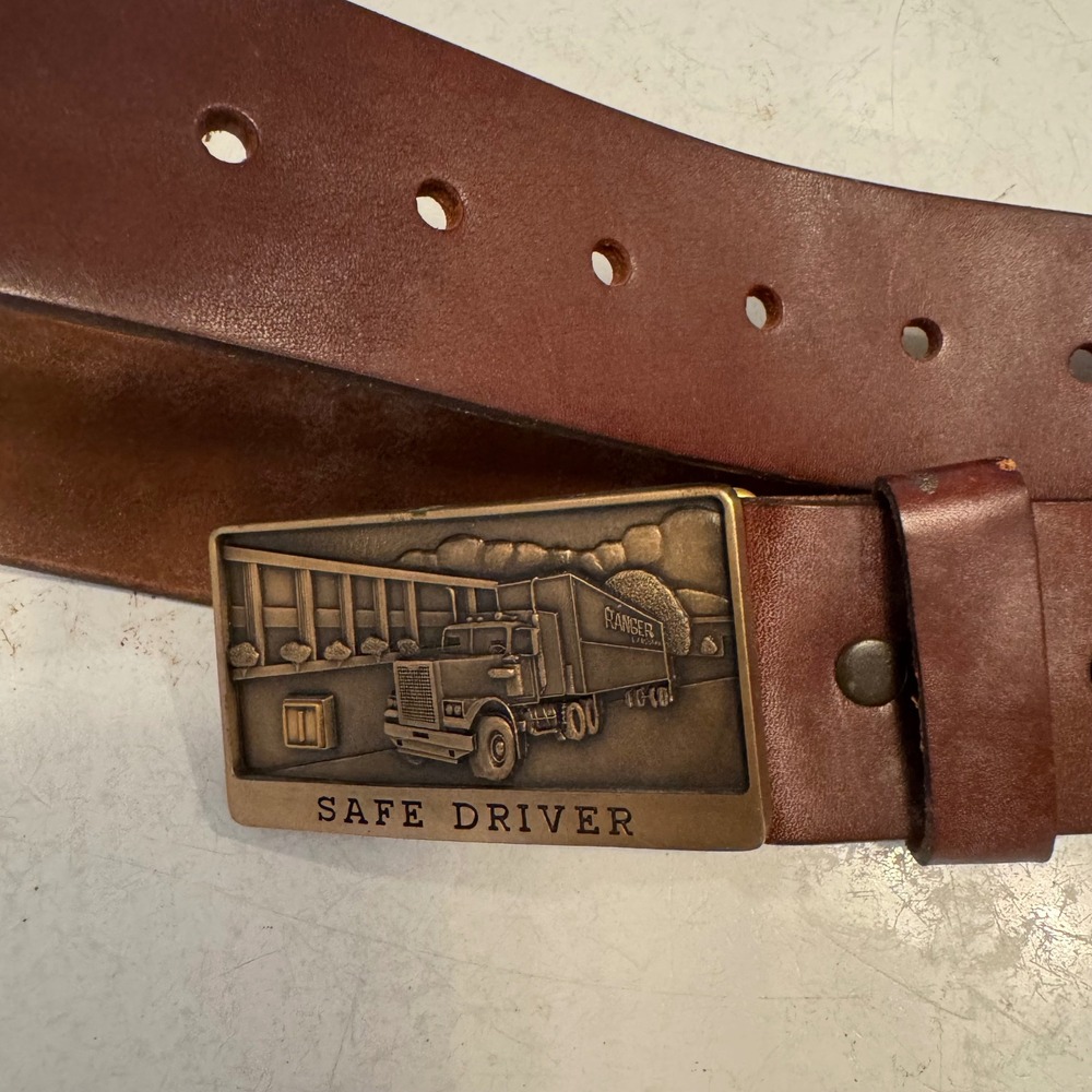 Jostens Ranger Belt Men 36 Brown Leather Safe Driver Semi Truck Brass Buckle